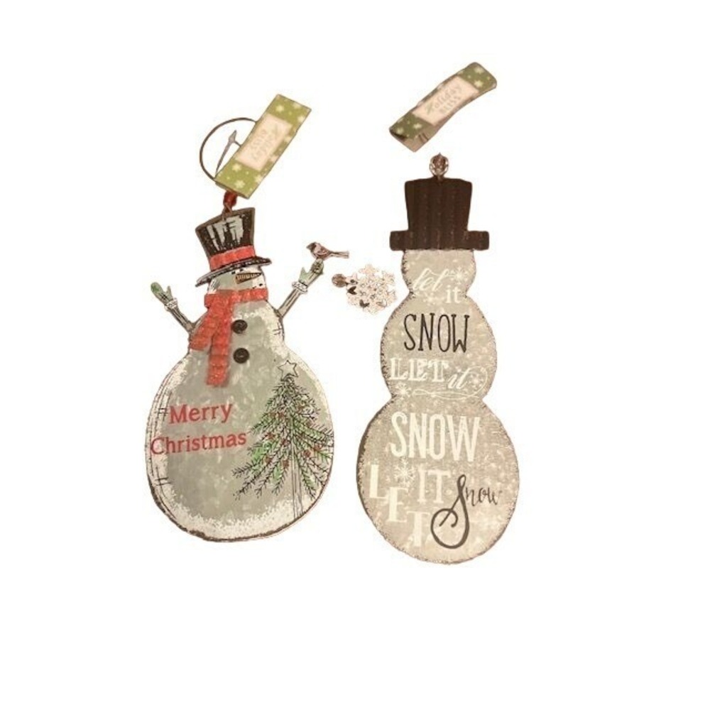 Snowman Christmas Ornaments Set Of 2 Holiday Decorations sweet message Metal